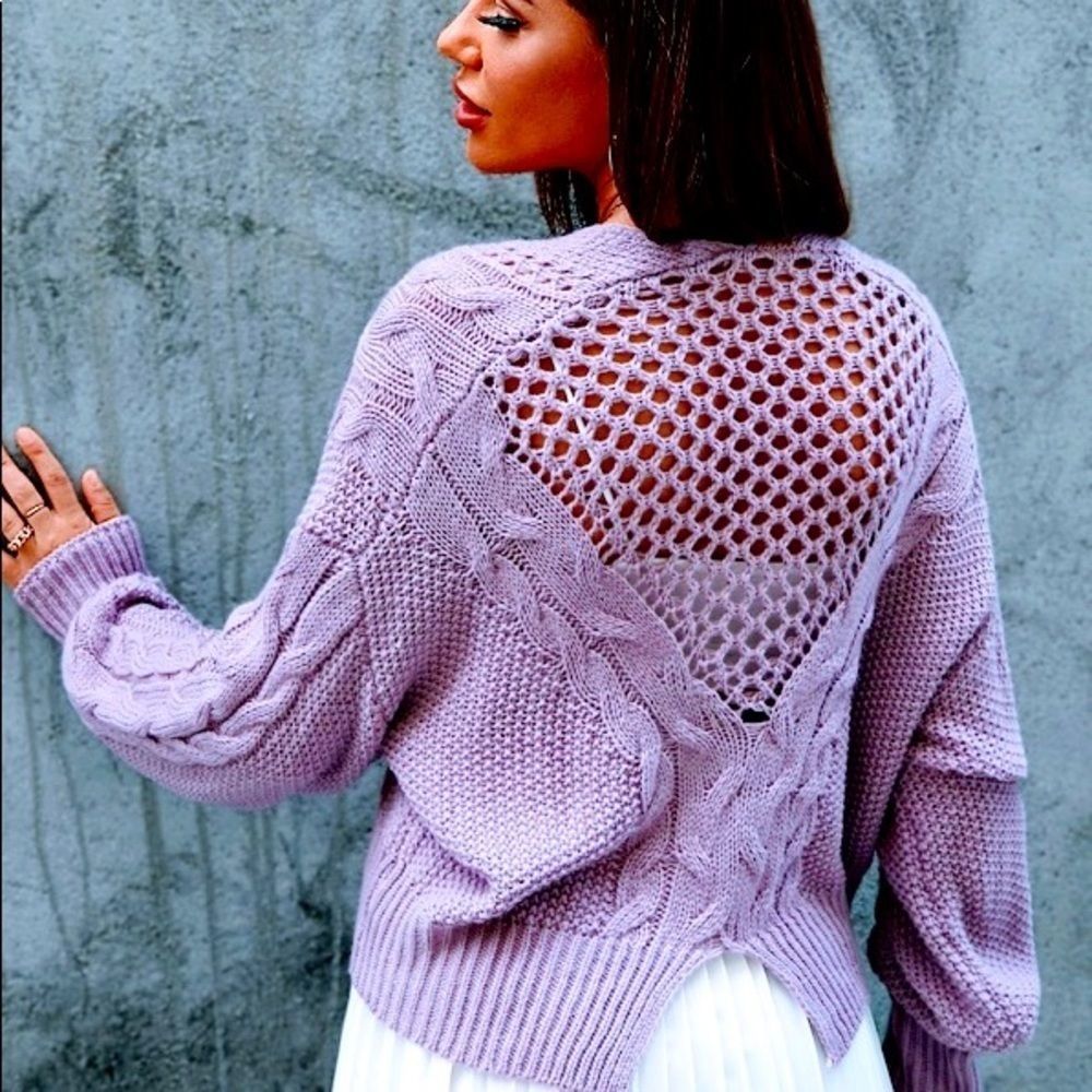 NWT! OPEN KNIT DROP SHOULDER BACK SPLIT DETAIL BUTTON UP CARDIGAN - MAUVE PURPLE